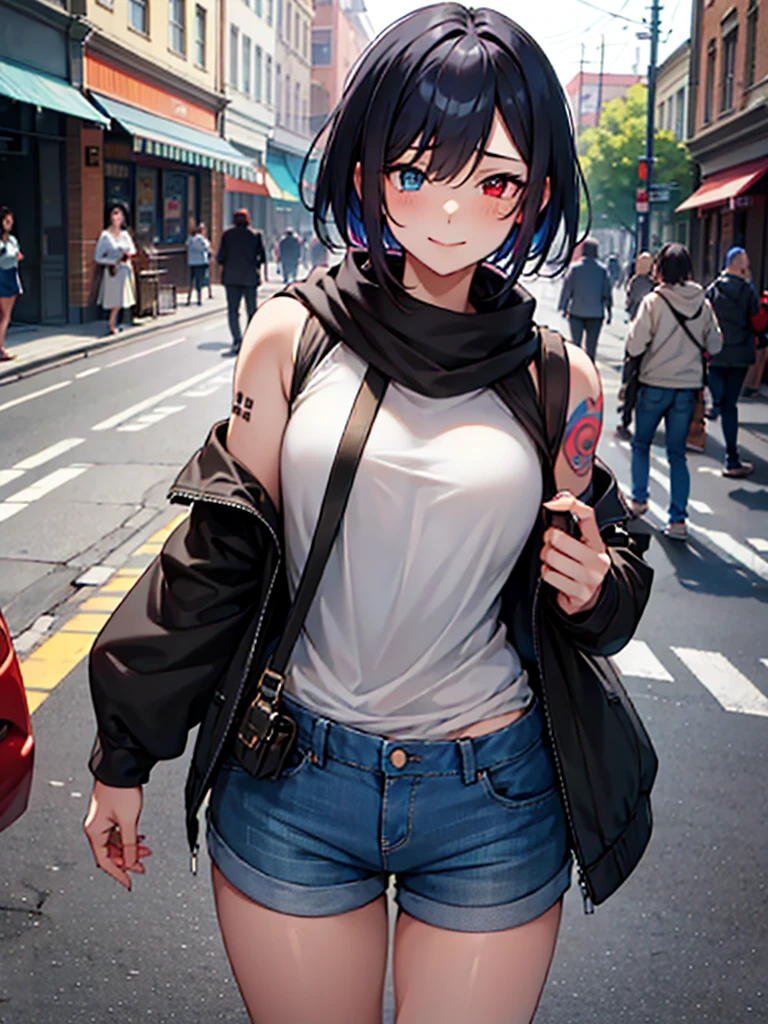 (​masterpiece, top-quality, hight resolution, Unity 8k, extremely details CG:1, Best Picture), Upper body, ((1girl, heterochromia, red eyes, blue eyestattoo, tattoo)), "A modern urban setting, a young woman wearing a casual outfit consisting of a hoodie, jeans, and casual sneakers, standing in a bustling city street. She is not wearing a mask this time, and her face shows a wide, mischievous smile, her eyes sparkling with excitement. Her posture is relaxed but slightly playful, and her expression suggests she's eagerly imagining what's about to happen. The backdrop includes small shops and blurred passersby, emphasizing the focus on her emotions. She carries a small crossbody bag, with minimal belongings, implying her mind is solely focused on the person she's meeting. The mood is lighthearted, with a hint of intimacy and anticipation, as this is their second meeting, and they seem to have exceptional chemistry."