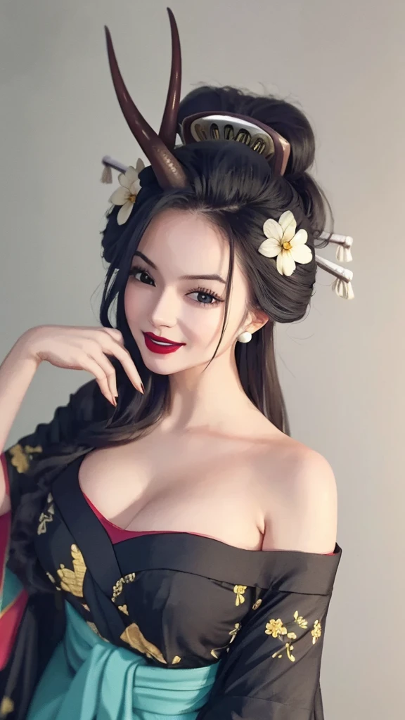 (masterpiece, highest quality:1.2), alone, One girl, Black Maria, lipstick, smile, Recall, Hairpin, Hair Flowers, horn, V-shaped eyebrows, kimono, Black kimono, Off the shoulder, Earrings, Exposing shoulders 