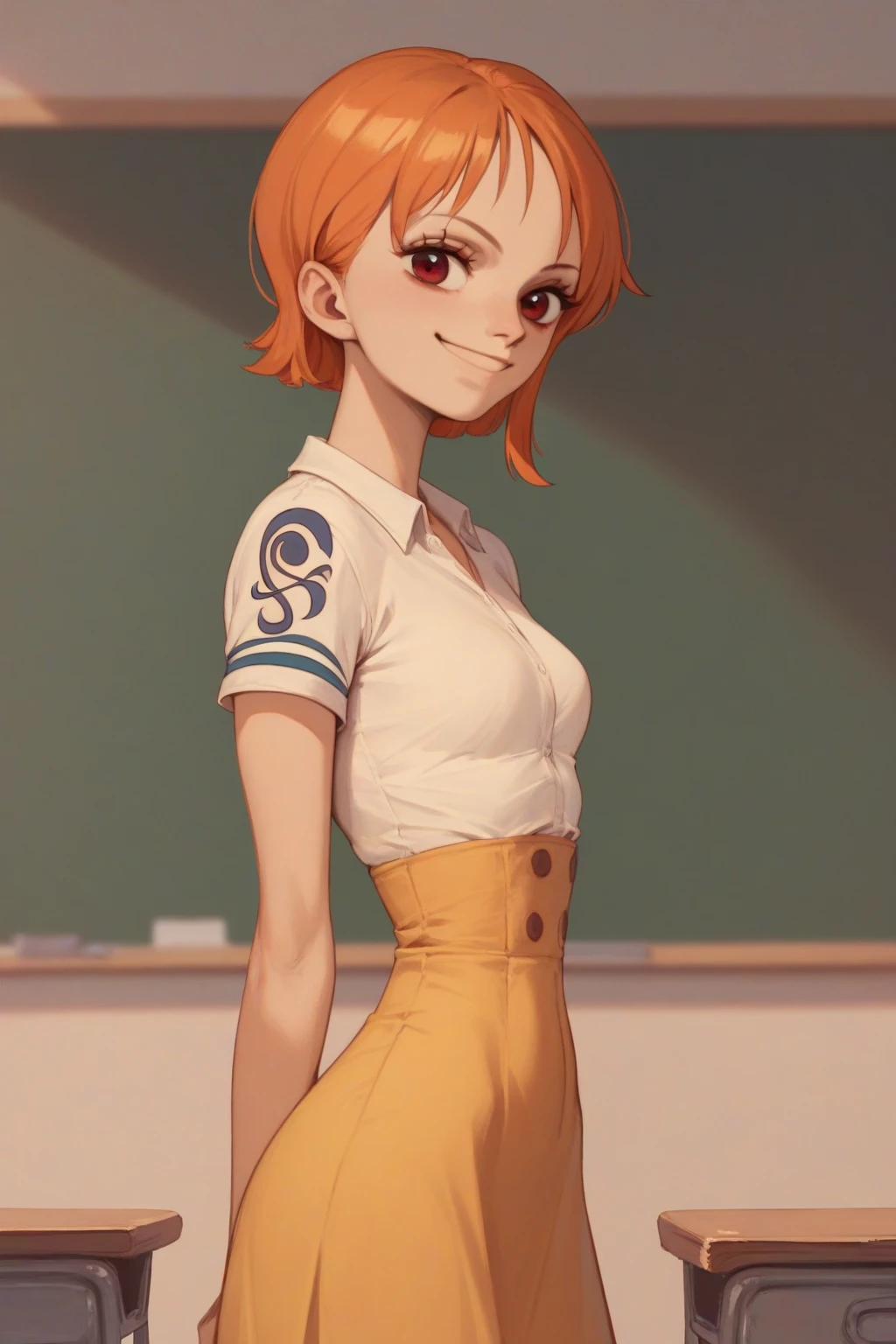 Nami, orange hair, red eyes, small breasts, slender waist, narrow waist, smile, classroom, short hair, low-cut dress 