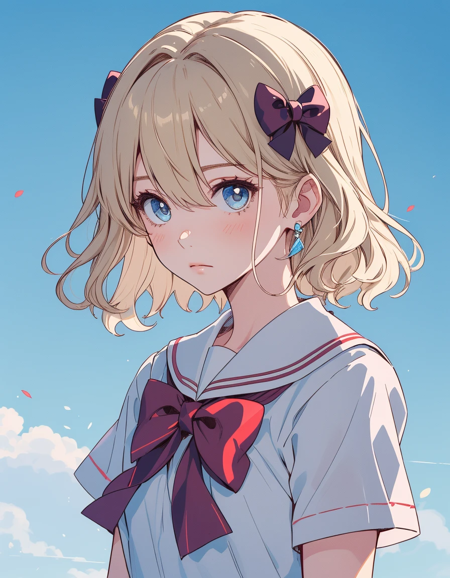 (  very delicate and beautiful : 1.2),  1 girl ,  fashionable girl , bangs, Pretty Eyes , bow,  brown hair,  closed mouth ,  sideways,  hair between eyes, hair bow, Short sleeve,  viewer,  Medium Hair , Alone,  upper body,  school uniform: 1.3, ((Alone)), (  Masterpiece ),  blonde alone