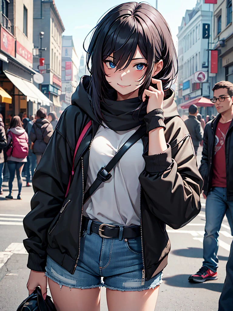 (​masterpiece, top-quality, hight resolution, Unity 8k, extremely details CG:1, Best Picture), Upper body, ((1girl, heterochromia, red eyes, blue eyestattoo, tattoo)), "A modern urban setting, a young woman wearing a casual outfit consisting of a hoodie, jeans, and casual sneakers, standing in a bustling city street. She is not wearing a mask this time, and her face shows a wide, mischievous smile, her eyes sparkling with excitement. Her posture is relaxed but slightly playful, and her expression suggests she's eagerly imagining what's about to happen. The backdrop includes small shops and blurred passersby, emphasizing the focus on her emotions. She carries a small crossbody bag, with minimal belongings, implying her mind is solely focused on the person she's meeting. The mood is lighthearted, with a hint of intimacy and anticipation, as this is their second meeting, and they seem to have exceptional chemistry."