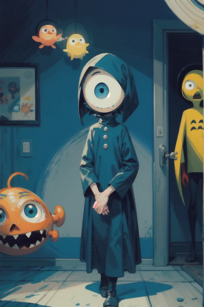 a close up of a person walking in a dark room, a picture inspired by Goro Fujita, polycount, conceptual art, little nightmares, six from little nightmares, yume nikki, still from anim ated horror movie, futuristic ballroom. big eyes, anato finnstark. pixar, frame from pixar movie, coraline, peep the horror, cursed imagery