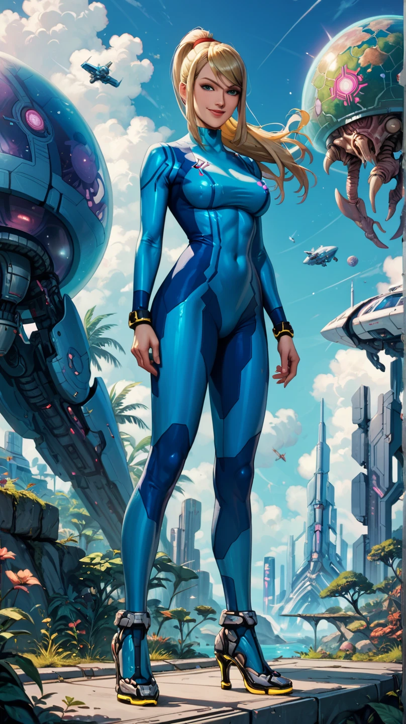 score_9, score_8_up, score_7_up, score_6_up, cowboy shot, semi-realistic, smile, anime style,defSamus, blonde hair, bodysuit, blue clothes, blue pants, high heels, alien planet, spaceship, outdoors, sky,