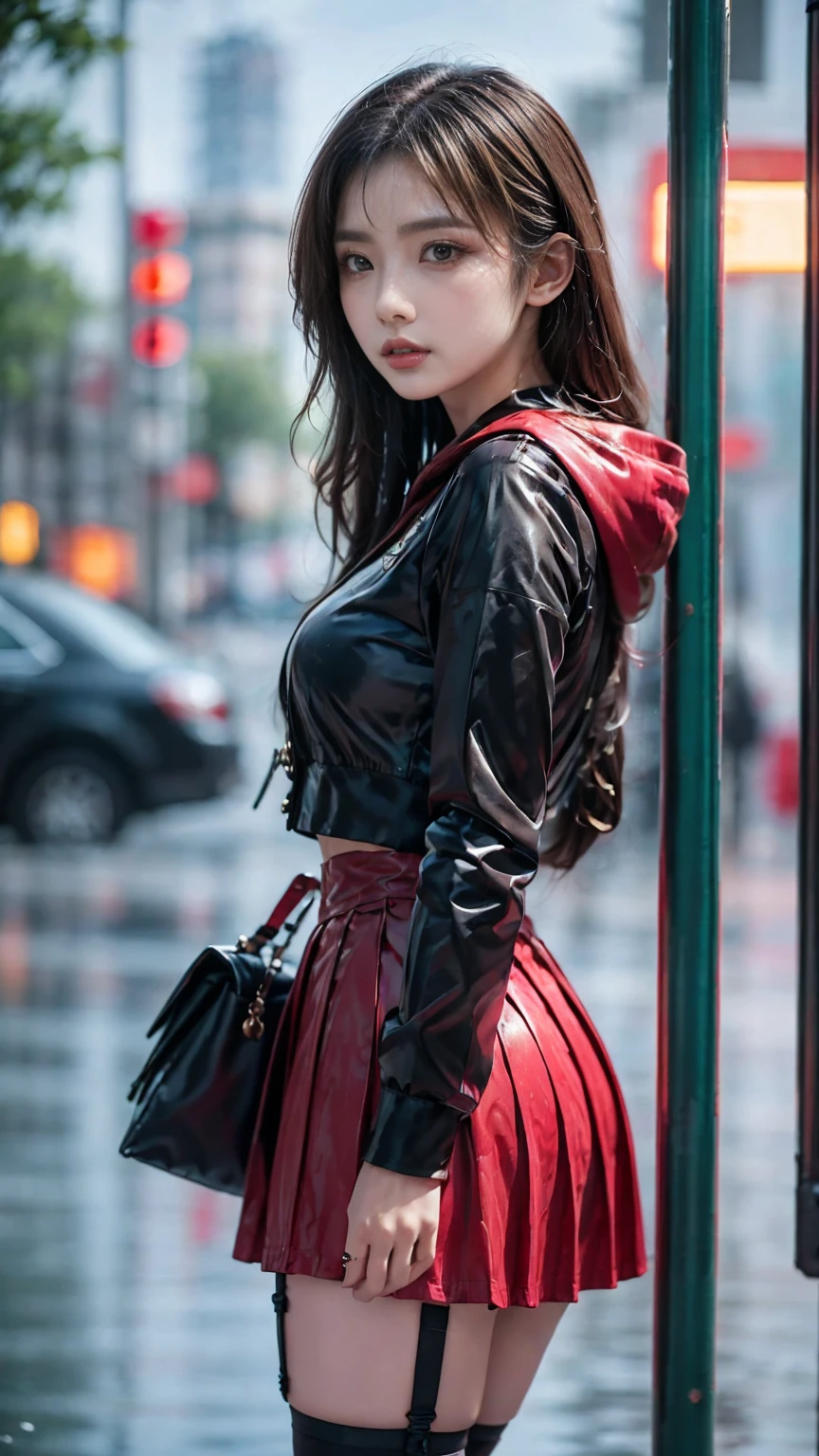 8k，masterpiece， top quality and best ，hyper detailing，Realistically，Realistically，  Highly Detailed Face ， movie lights， movie lights， ray tracing ，Hair without lighting ， Cloudy city，Corner store ，bus stop， torrential rain and heavy rain ， girl with long black hair and black eyes .。 she's wearing a red hooded jacket，white blouse ， black short skirt and black garter belt ，Rain-soaked clothes， black exposure ， depth of field tent  ）， Cinema Lens Lighting 