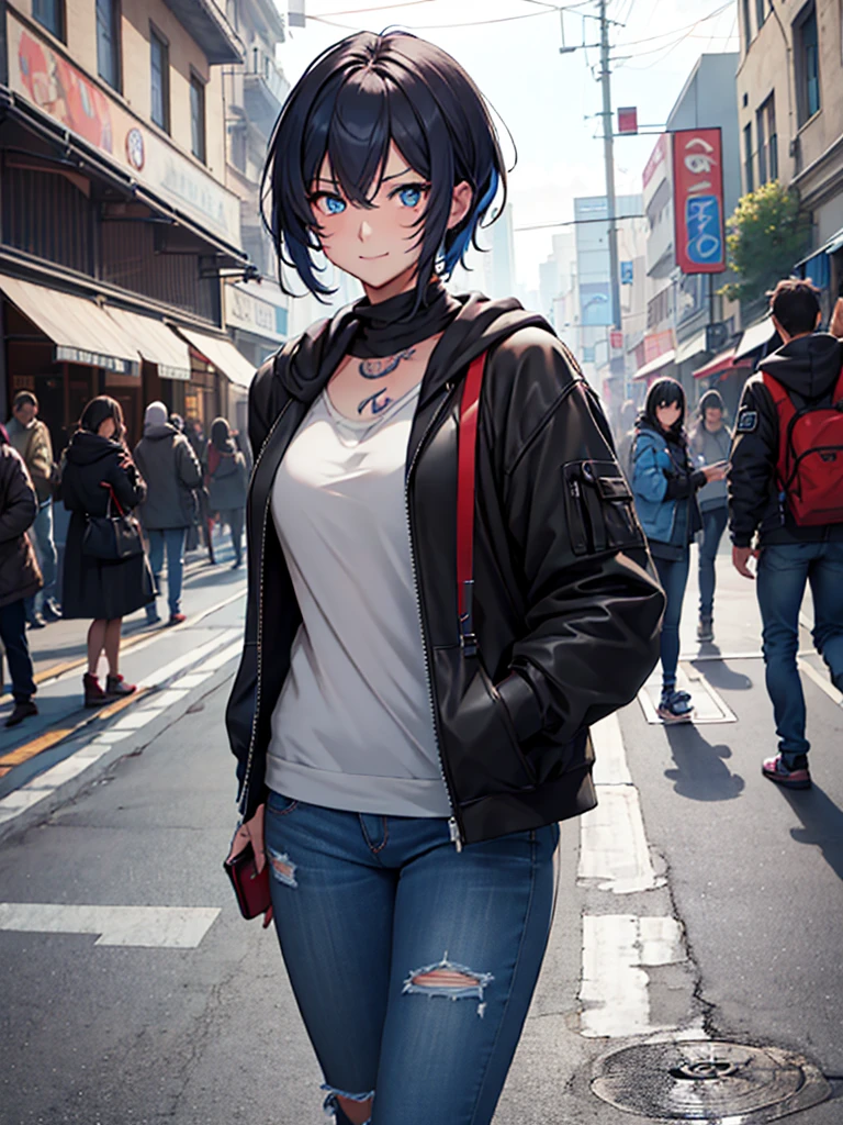 (​masterpiece, top-quality, hight resolution, Unity 8k, extremely details CG:1, Best Picture), Upper body, ((1girl, heterochromia, red eyes, blue eyestattoo, tattoo)), "A modern urban setting, a young woman wearing a casual outfit consisting of a hoodie, jeans, and casual sneakers, standing in a bustling city street. She is not wearing a mask this time, and her face shows a wide, mischievous smile, her eyes sparkling with excitement. Her posture is relaxed but slightly playful, and her expression suggests she's eagerly imagining what's about to happen. The backdrop includes small shops and blurred passersby, emphasizing the focus on her emotions. She carries a small crossbody bag, with minimal belongings, implying her mind is solely focused on the person she's meeting. The mood is lighthearted, with a hint of intimacy and anticipation, as this is their second meeting, and they seem to have exceptional chemistry."