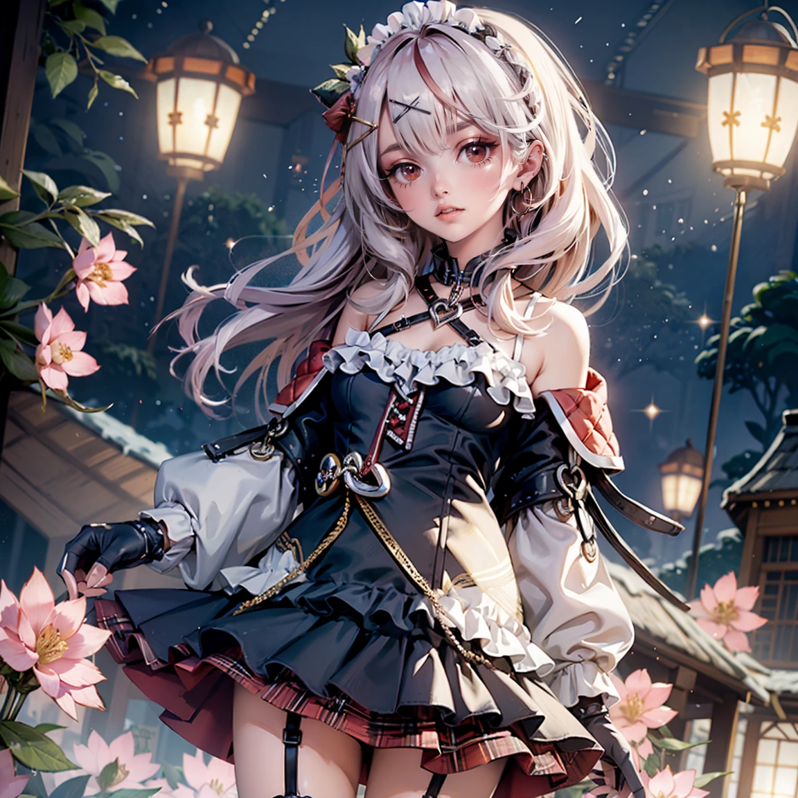 High resolution, Winner of numerous awards, Ultra high definition, Textured skin, Retina, 
masterpiece,(bestquality),highlydetailed,ultra-detailed,1girl, （A composition where a girl:1.4）（A crimson red dress blended with mechanical parts:1.2）White boots(Modern landscape:1.2,natural lighting:1.5,confidentexpression),(Modern Japanese building rooftops)(panorama:1.2),smile,angle、chrome,raw（A beautiful girl with pink hair in a short cut:）(Hands and feet are mechanical parts.2)(祝福の花束💐を渡す、Give it to me as a gift:1.5)(high detailed flower bouquetを手に持つ💐:1.6)