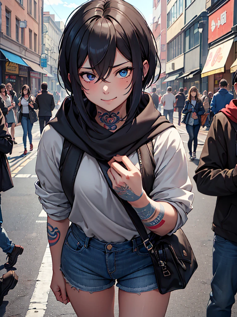 (​masterpiece, top-quality, hight resolution, Unity 8k, extremely details CG:1, Best Picture), Upper body, ((1girl, heterochromia, red eyes, blue eyestattoo, tattoo)), "A modern urban setting, a young woman wearing a casual outfit consisting of a hoodie, jeans, and casual sneakers, standing in a bustling city street. She is not wearing a mask this time, and her face shows a wide, mischievous smile, her eyes sparkling with excitement. Her posture is relaxed but slightly playful, and her expression suggests she's eagerly imagining what's about to happen. The backdrop includes small shops and blurred passersby, emphasizing the focus on her emotions. She carries a small crossbody bag, with minimal belongings, implying her mind is solely focused on the person she's meeting. The mood is lighthearted, with a hint of intimacy and anticipation, as this is their second meeting, and they seem to have exceptional chemistry."