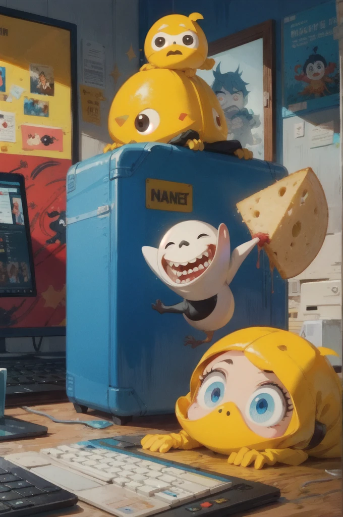 there is a small yellow object on top of a laptop, little nightmares, six from little nightmares, animated film still, animation film still, frame , still from animated h orror movie, animation still screencap, anato finnstark. ,in claymation, stop motion character, a sad cheese puppet, animated film, pixar movie screenshot