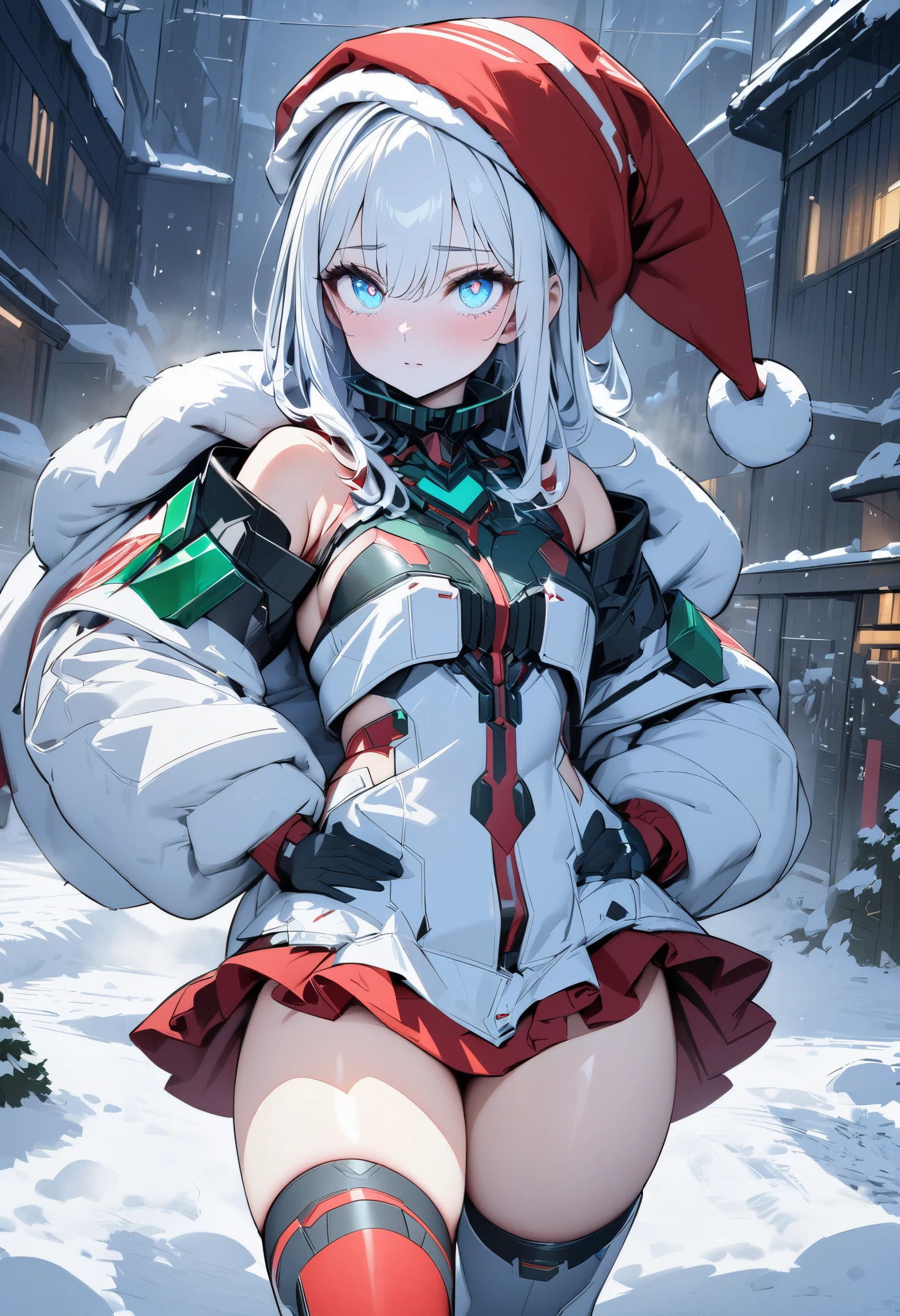 Generate an anime-style image of a female character sitting in a snowy landscape, wearing a swimsuit with Christmas-themed attire. The character should have blue eyes and exceptionally long, white hair. Capture the juxtaposition of the snowy environment with the unconventional choice of a swimsuit in Christmas attire, emphasizing the festive and playful atmosphere.