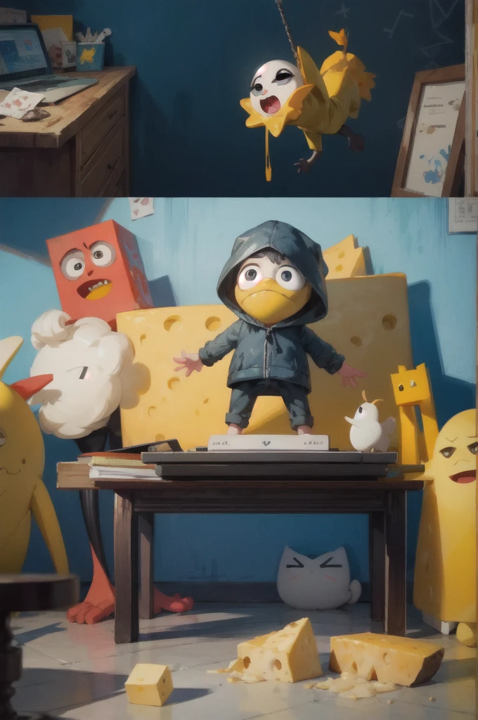 there is a small yellow object on top of a laptop, polycount, conceptual art, little nightmares, six from little nightmares, animated film still, animation film still, f rame from pixar movie, still from animated horror movie, animation still screencap, anato finnstark.in claymation, stop motion character, a sad cheese puppet