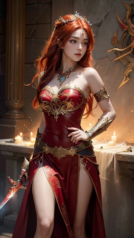 (Masterpiece, highest quality, Best Quality, Beautiful and aesthetic:1.3), full-body portrait, epic cinematic fantasy art, a stunning and powerful redheaded female paladin clad in intricate fantasy-style strapless tube bra with high split skirt. Her attire is highly detailed, attire crafted with white and red ornate with pattern, adorned with delicate celestial and floral engravings, glowing red and white energy running through ornate runes and filigree. The design is formfitting yet protective, emphasizing her graceful yet commanding presence. Her fiery red hair cascades in soft waves, glowing subtly in the light, framing her serene yet determined expression with red eye, red eyes women, flame Mark on mid forehead, She wields a massive, intricately designed Sword, glowing faintly with divine energy, the weapon engraved with radiant runes. Her pose is dynamic yet composed, standing confidently with the sword resting lightly by her side, symbolizing strength and poise.