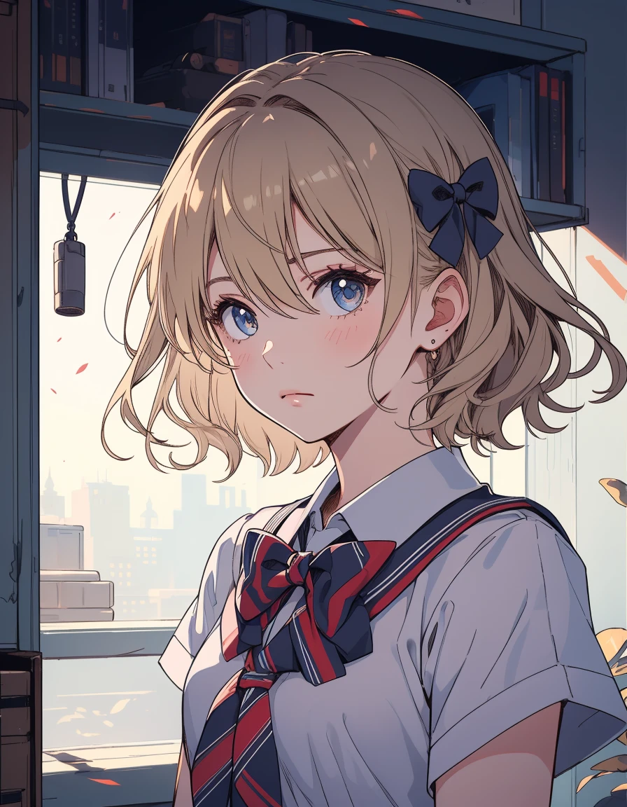 (  very delicate and beautiful : 1.2),  1 girl ,  fashionable girl , bangs, Pretty Eyes , bow,  brown hair,  closed mouth ,  sideways,  hair between eyes, hair bow, Short sleeve,  viewer,  Medium Hair , Alone,  upper body,  school uniform: 1.3, ((Alone)), (  Masterpiece ),  blonde alone