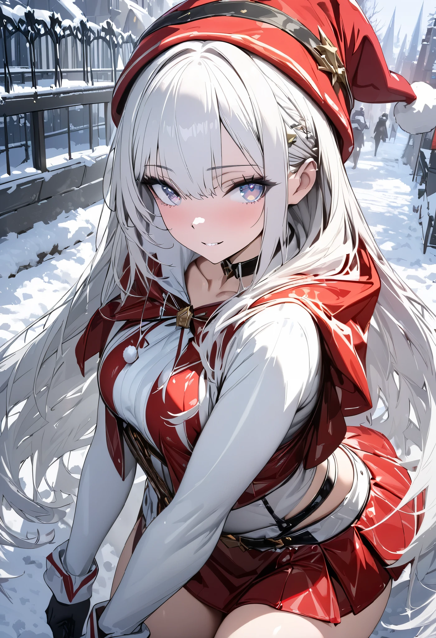 (masterpiece, best quality :1.2,UHD,High Resolution,Detailed depiction)、 girl, (( beautiful eyes)),Exposing Armored Santa's Clothes、Santa hat、 Mini Skirt、glossy white knee-highs、The background is a snowy town