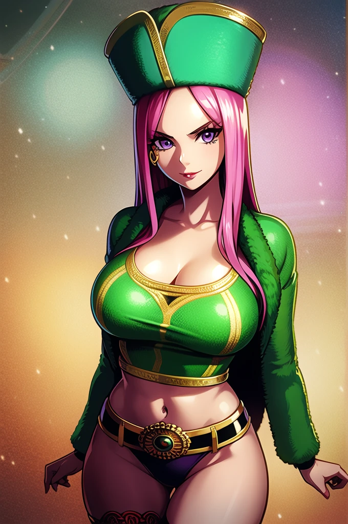 2d, masterpiece, best quality, anime, highly detailed face, highly detailed background, perfect lighting, 1girl, solo, jewelry bonney, long hair, pink hair, purple eyes, collarbone, hat, jewelry, thighhighs, lipstick, earrings, bracelet, shiny skin, midriff, navel, makeup, piercing below eye, smile, cleavage, large breasts, bikini 