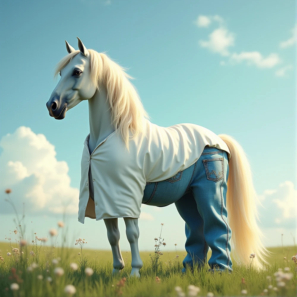 Horse, futanari, big ass, big breasts, facing viewer, standing up, wearing denim, giant horse dick, dick exposed, dick facing viewer , breast facing viewer, body facing viewer, ass facing away from viewer,