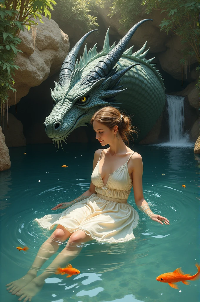 Young white woman with brown hair without clothes mounted on top of a white DRAGON with spikes and large, where the two are inside a small waterfall with crystal blue waters surrounding a green, low density forest with a man in the water&#39;borda, the DRAGON is big and angry