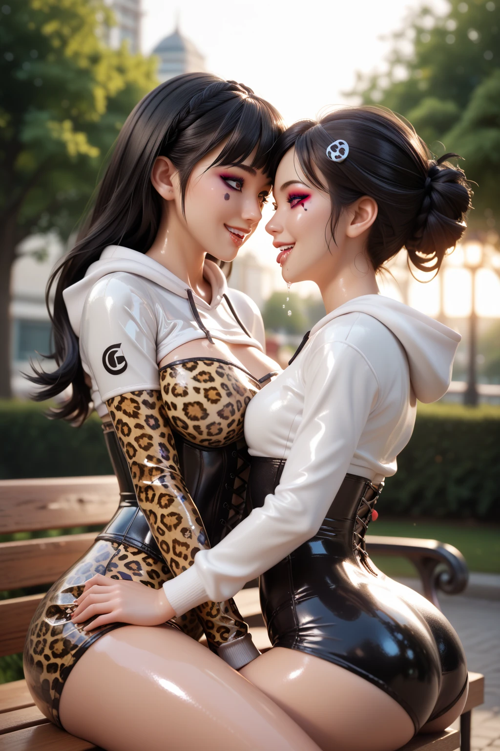  mother and young daughter in extremely tight shiny latex sweatshirt with hood and leopard print pattern, langes Haar,  black hair, saliva, salivafluss, salivaspur, Lens reflection, Reflected light,  high resolution ,  masterpiece, Strong Makeup,smile, Spiral eyes, Standing together in the park, corset, very strong shiny skin, Wide angle, embrace,  sitting together on the bench ,