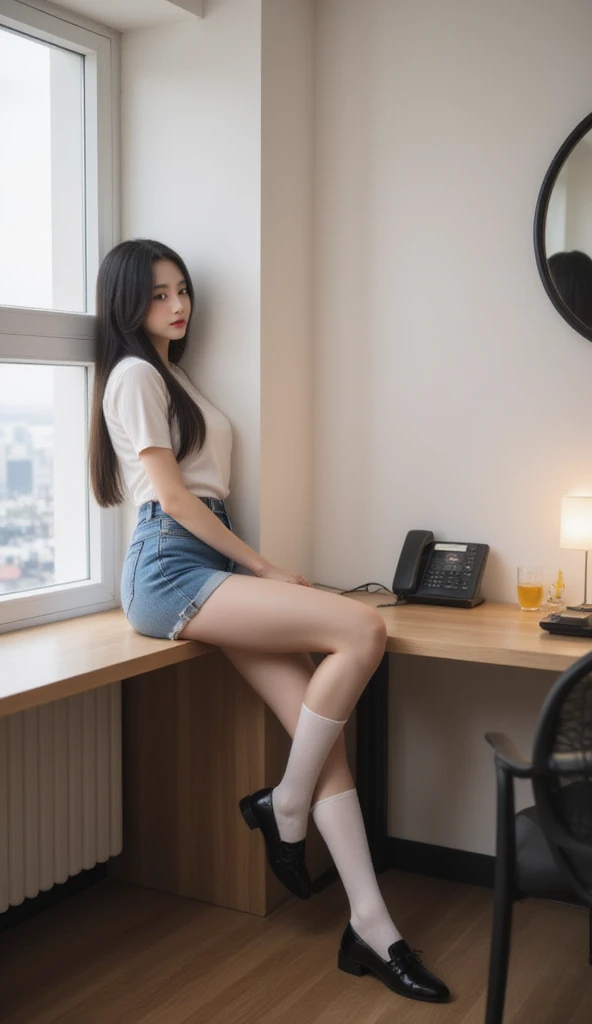 In this photograph,an Asian woman with long,straight black hair and fair skin sits on the edge of a wooden desk,leaning against a window. She wears a white short-sleeved blouse,high-waisted blue denim shorts,white knee-high socks,and black loafers. The room has minimalistic decor with a round mirror,a black chair,and a small table with a phone and lamp. The background shows a cityscape outside the window. The overall vibe is casual and contemplative.,