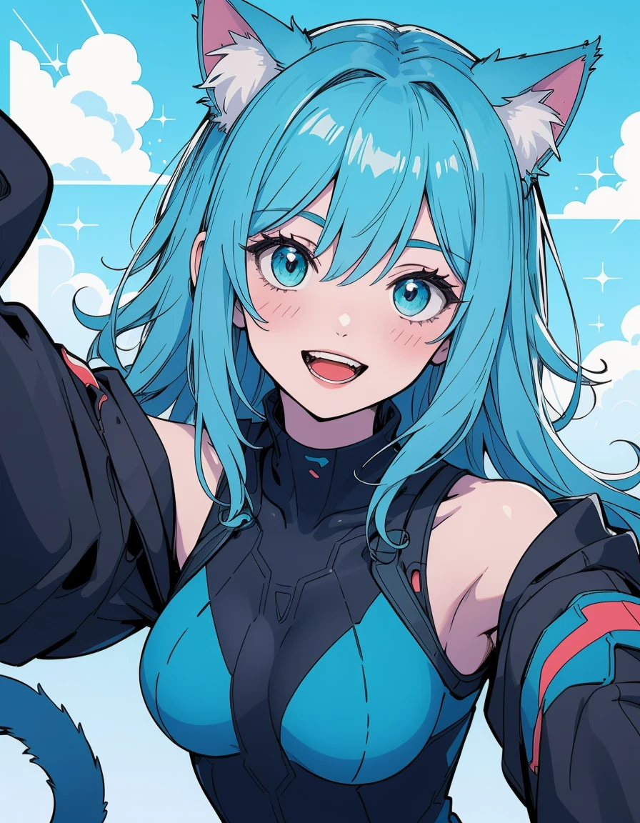 selfie, open mouth, smile, master piece, high quality illustration, digital art,4K, cat ear, pale skin, medium breasts, aqua colored eyes, blue and aqua color hair,