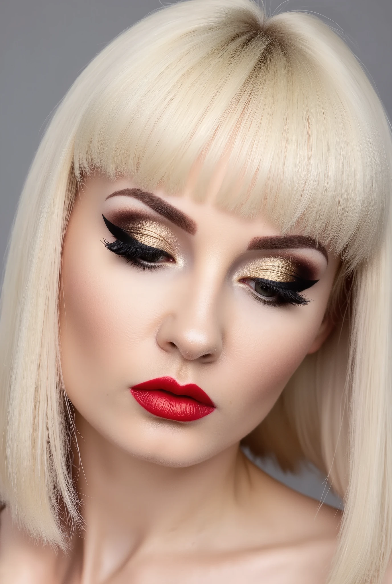 The image is a high-resolution photograph of a close-up portrait of k08ur9, a woman with striking features. The subject is a young woman with fair skin and platinum blonde hair styled in a blunt-cut bob with bangs. Her eyes are a striking green, accentuated by dramatic, winged black eyeliner and voluminous, false lashes that give her a dramatic, glamorous look. Her eyelids are highlighted with a shimmering gold eyeshadow that catches the light, blending seamlessly into a darker shade at the crease. 

Her lips are painted a bold, glossy red, creating a striking contrast against her pale skin. The texture of her skin appears smooth and well-moisturized, with a subtle sheen that suggests a professional makeup application. The lighting is soft but focused, highlighting the contours of her face and the makeup details. 

Her expression is contemplative, with her eyes slightly closed and her gaze directed downwards. The background is a neutral, soft gray, which doesn't distract from the subject. The overall aesthetic is that of a high-fashion or editorial portrait, emphasizing makeup artistry and dramatic beauty.