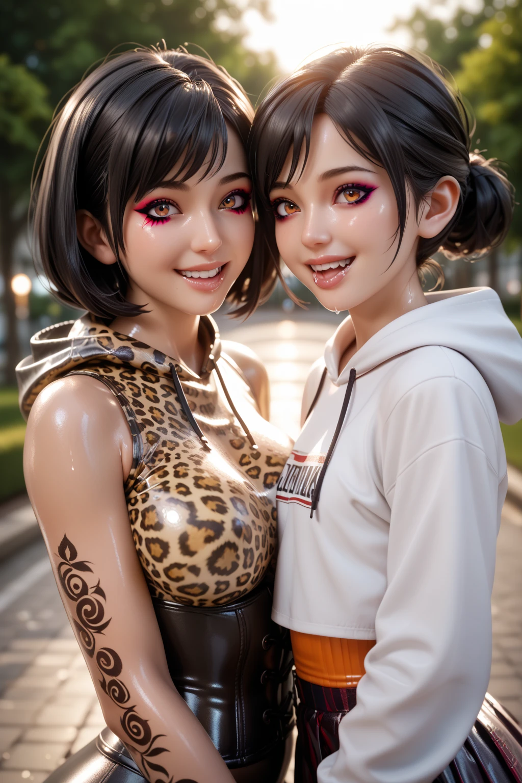  Mother and young daughter in extremely tight shiny latex sweatshirt with hood and leopard print pattern, langes Haar,  black hair, saliva, salivafluss, salivaspur, Lens reflection, Reflected light,  high resolution ,  masterpiece, Strong Makeup,smile, Spiral eyes, Standing together in the park, corset, very strong shiny skin, Wide angle, Go for a walk together  