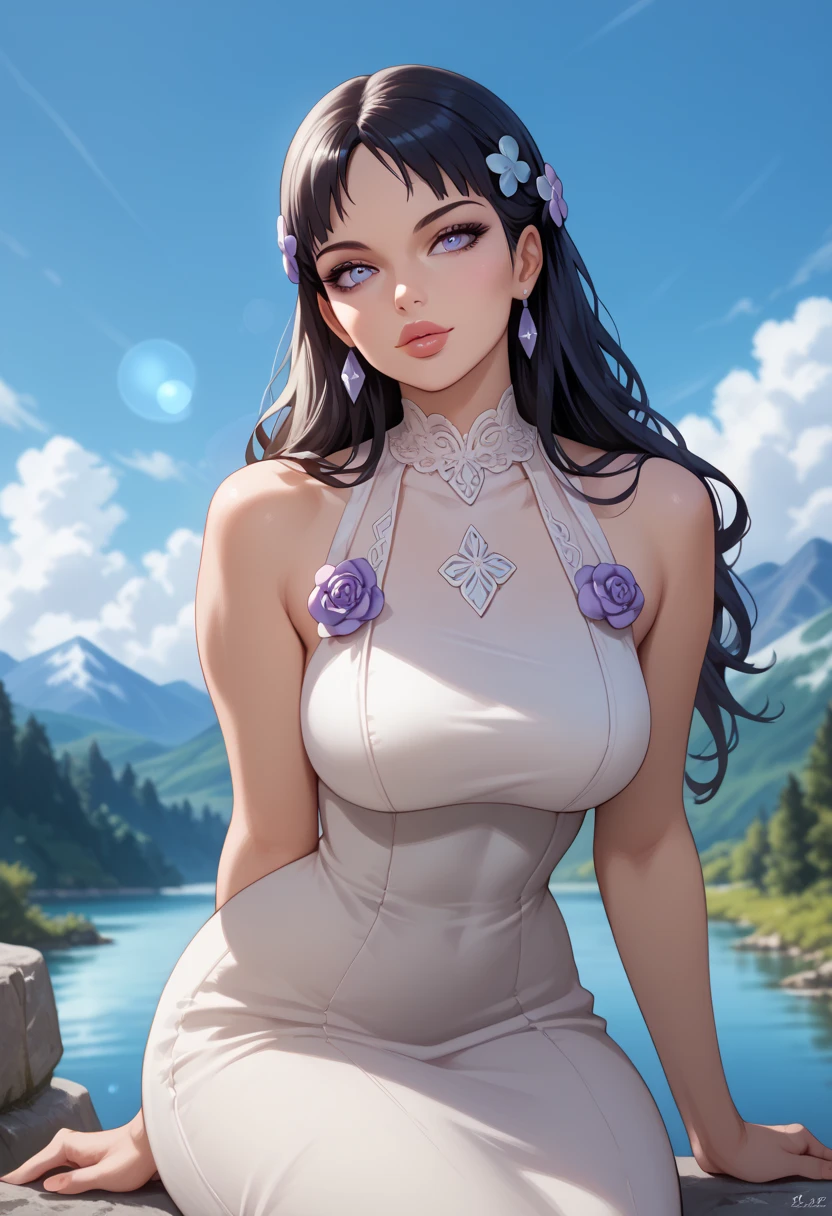  masterpiece ,  better quality , 1 girl, (Alone),  21-year-old woman ,  black cabello, long hair, MEDIUM SHOT, pechos grandes,  looking at viewer , (neckline), seductive, bokeh, lilac eyes,  detailed face, full lips, river, Naturaleza, flores, mountains in the background,
 white dress , sitting on a stone, clouds, blue sky,