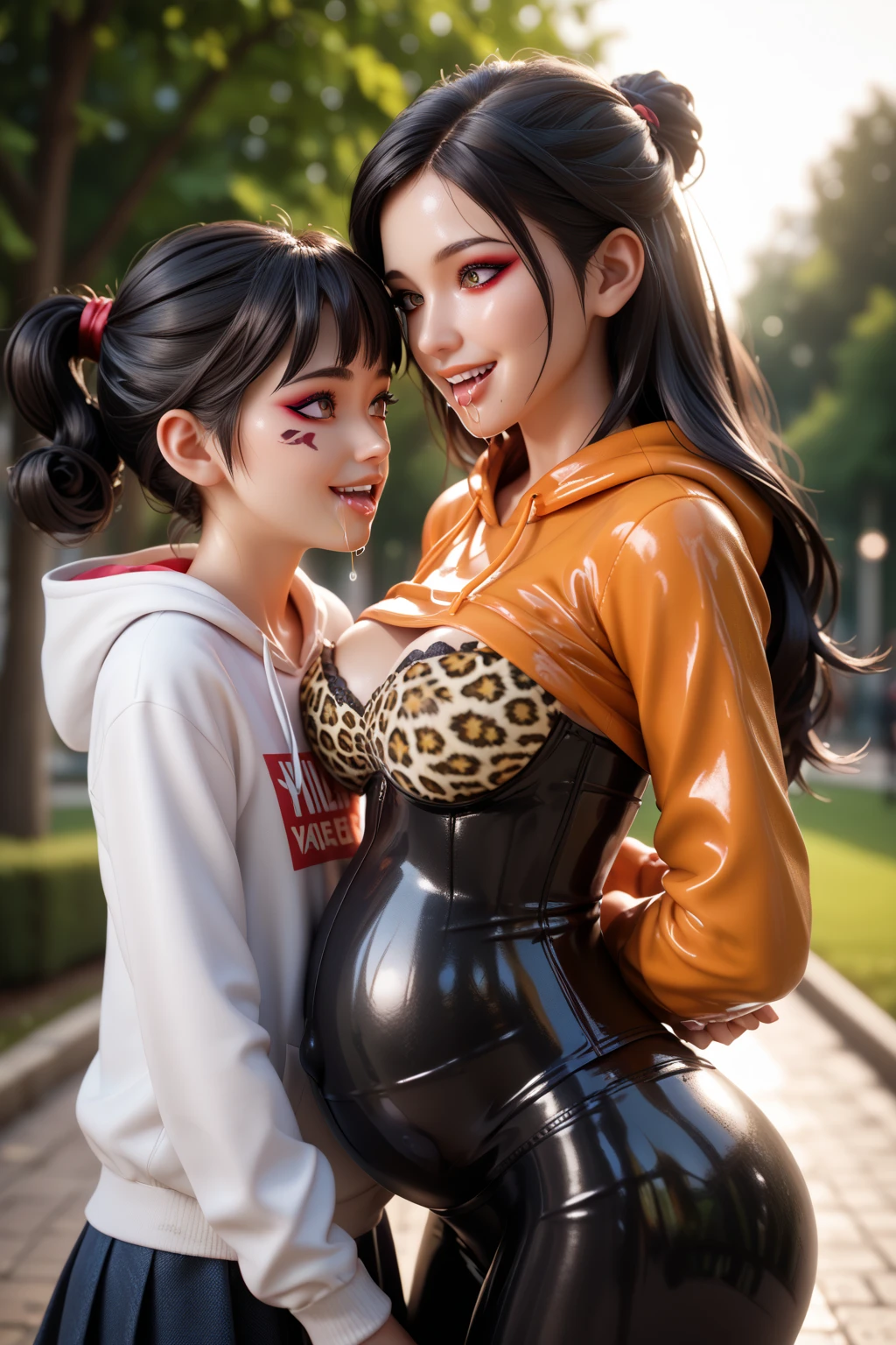  Mother and young daughter in extremely tight shiny latex sweatshirt with hood and leopard print pattern, langes Haar,  black hair, saliva, salivafluss, salivaspur, Lens reflection, Reflected light,  high resolution ,  masterpiece, Strong Makeup,smile, Spiral eyes, Standing together in the park, corset, very strong shiny skin, Wide angle, Go for a walk together , Wide angle, pregnant