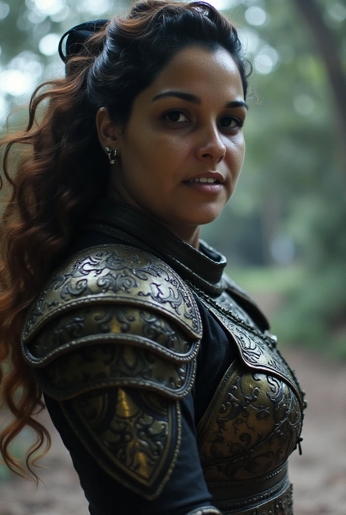 a beautiful female warrior,highly detailed portrait,realistic,photorealistic, 8k, HDR, hyper detailed face,striking gaze, flowing hair, ornate armor, intricate detailing, dramatic lighting, moody colors, cinematic composition, fantasy, concept art style