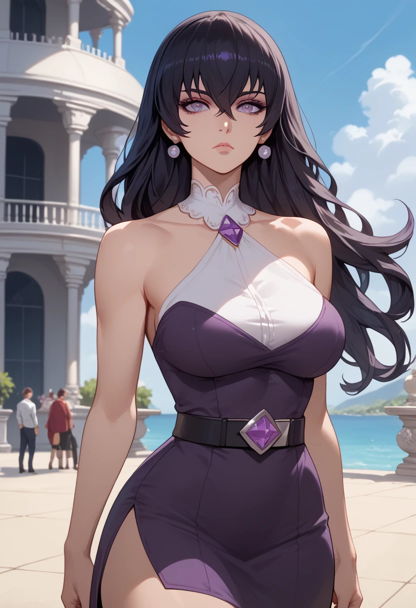 1 girl, pechos grandes, caderas grandes,  small waist ,  big thighs,  expressionless expression, hgsssab ,  black cabello,  bare shoulders, neckline, dress, purple eyes,  black hair, long hair,  hair between the eyes , Diafragma, pechos grandes, Sliding belt, outdoors, sunny,