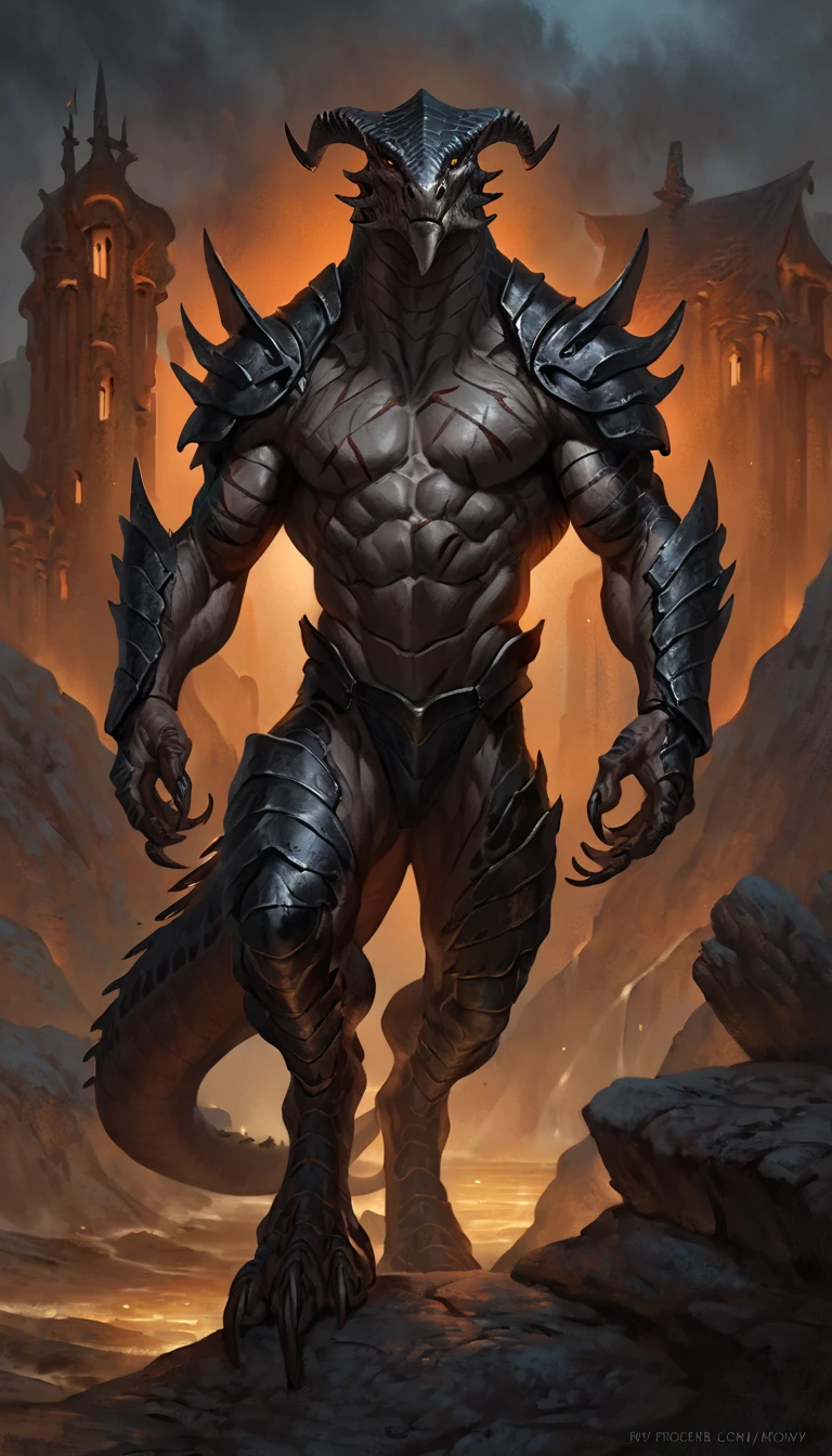 Muscular lizardfolk, solo, anthro lizard, detailed skin, strong, wearing demonic armor, metallic scales, scars on body, 1male solo, full bodysuit, anthro, muscular, big muscles, small waist, thick tail, marked jaw, armor on legs, full body, comicbook style, night time, ultra-detailed, best quality, 4k, ultra-detailed, by laobai, by taran fiddler, by honovy, horror, pirate port scenery, night