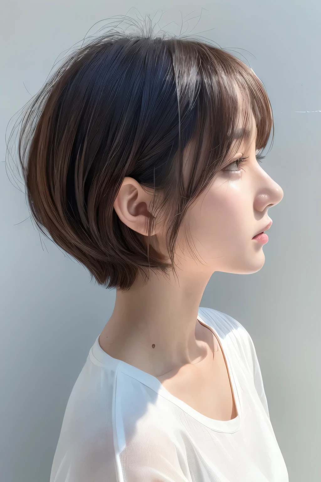 (  best quality:1.4),   RAW photo , ( realistic , photo- realistic :1.37), pro photo shadow, Cinematic Light, (  beautiful face: 1.2),Beauty、  beautiful woman、  profile、  white shirt、clothes、gross、shadow、 look up 、  short bob hair、White wall、  back view