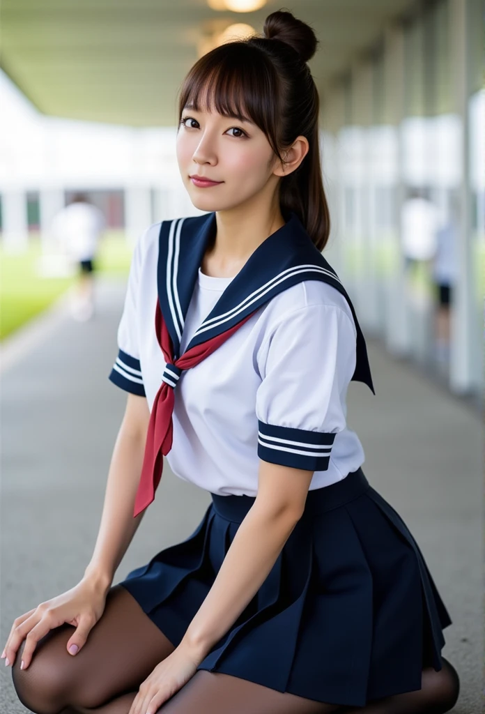 girls walking in old-Japanese street under cherry blossoms,blue school swimsuit with white trim,school bag,18-year-old,bangs,a little smile,thighs,knees,low ponytails with barrette with white bow,from below,front light