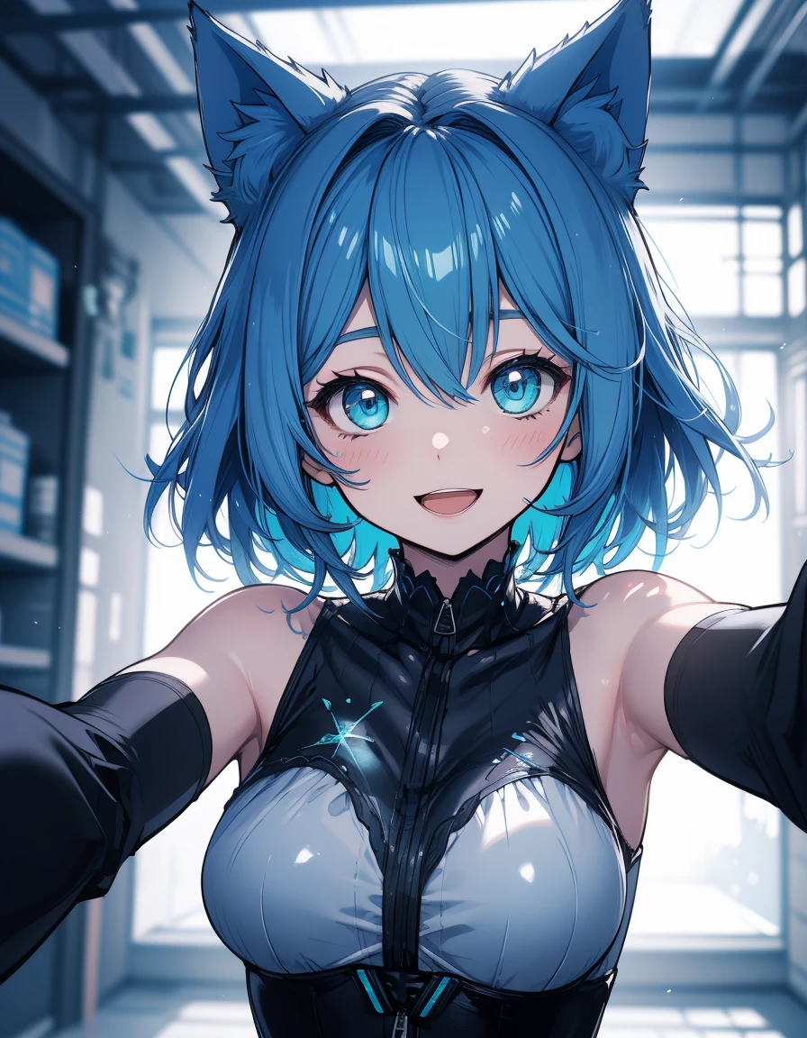 selfie, open mouth, smile, master piece, high quality illustration, digital art,4K, cat ear, pale skin, medium breasts, aqua colored eyes, blue and aqua color hair,