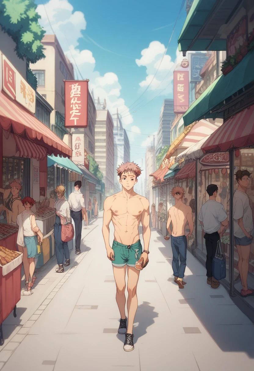 yuuji itadori, A nude man fapping his dick in anime art, in public street city, around people, market. 