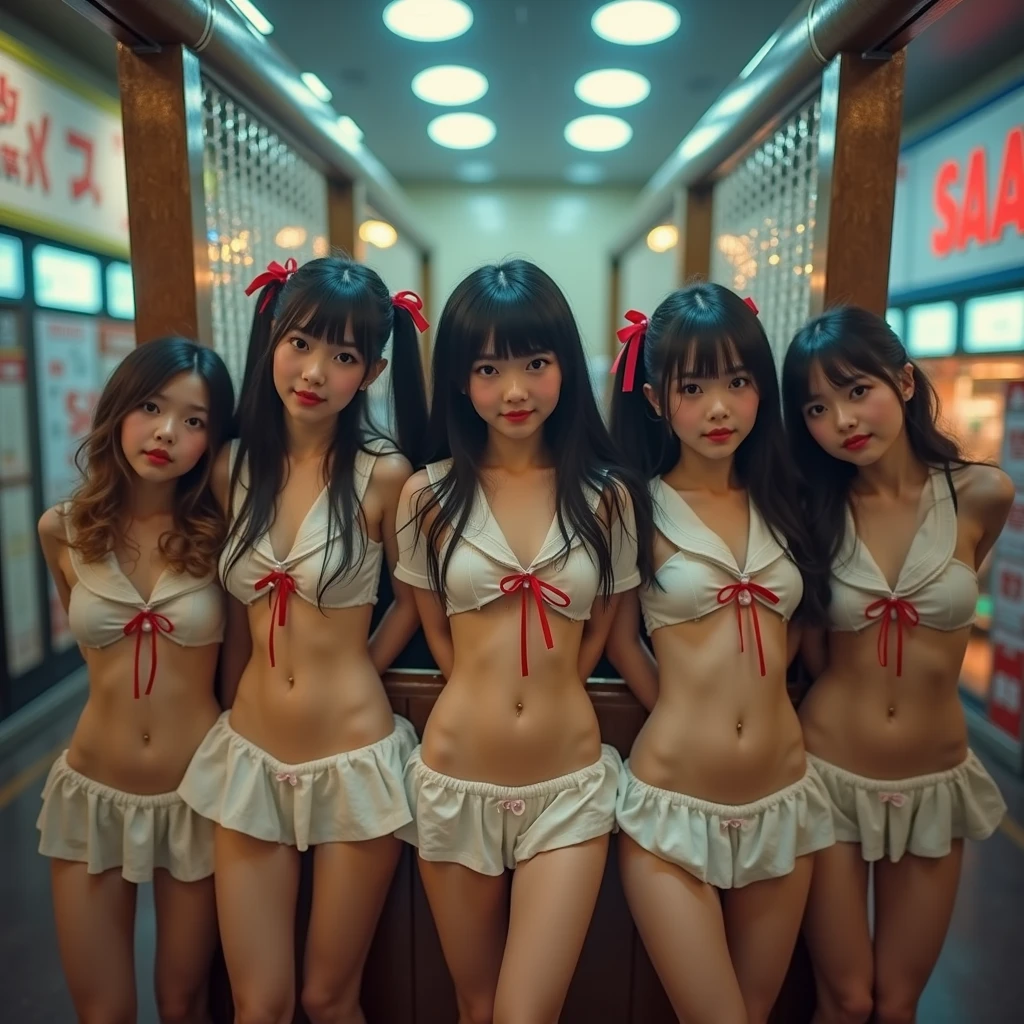 (((SFW, NSFW STILL SHOW, 12 Tiny Girls in a row:1.2, Shibuya Hachiko-mae scramble crossing on Halloween:1.2))), (masterpiece:1.2, (photorealistic:1.37)), {(Standing Full Body:1.2)|(from below:1.2)}, short silver hair, {naked bandage|tutu|School Uniform}, ((Detailed KAWAII face), Perfect eyes, {Detailed Oily Porcelain skin|Detailed glistening tanline:1.2}), {Bustling street|Crossroads|(Passerby girls)| halloween| neon}, {(Childish:1.2|Gigantic Cleavage:1.37|Underboob:1.2)}, {flower wreath|Red leather high collar}, {Floating hair|Strong wind|((Ass focus))|(((Skirtlift)))},{(Kissing face to face)|:p|:d|laugh|sparkle|joyful|delighted},extremely Detailed,