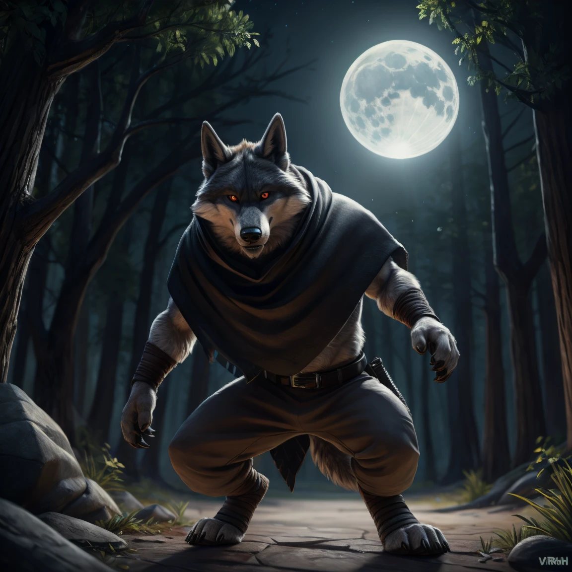 death (puss in boots), male, muscular, wolf, canid, fluffy, standing, night, forest, claws, paws, low angle view, long hair, black sclera, red eyes, tail, front view, action pose, (black poncho:1.2), clothed, bottomwear, pants, belt, white body, black fur, black fur, grey fur, forest, moonlight night,
BREAK,
by virtyalfobo, by anchee, by snowskau, by foxovh, by sabretoothed ermine, (intricate, high detail, film photography, soft focus, RAW candid cinema,
photorealism, realistic, photorealistic, analog style, subsurface scattering,
masterpiece, best quality, ultra realistic, 8k)