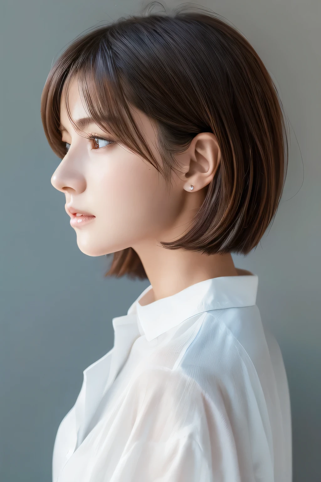 (  best quality:1.4),   RAW photo , ( realistic , photo- realistic :1.37), pro photo shadow, Cinematic Light, (  beautiful face: 1.2),Beauty、  beautiful woman、  profile、  white shirt、clothes、gross、shadow、 look up 、  short bob hair、White wall、  back view