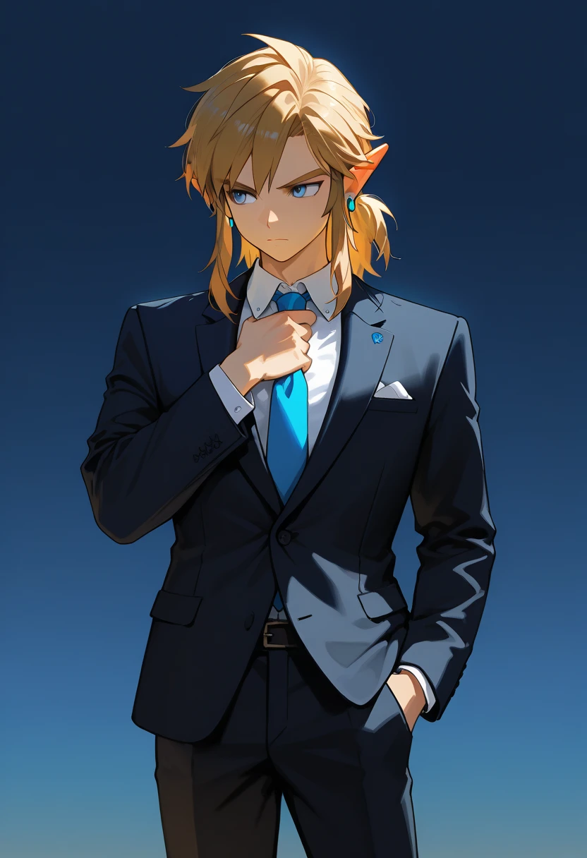 (masterpiece, best quality, high quality, highres, ultra-detailed, 1boy, botw, link, medium hair, blond hair, blue eyes, blue earrings, black suit, hand on necktie, hand in pocket, serious expression, looking away, night time, simple background