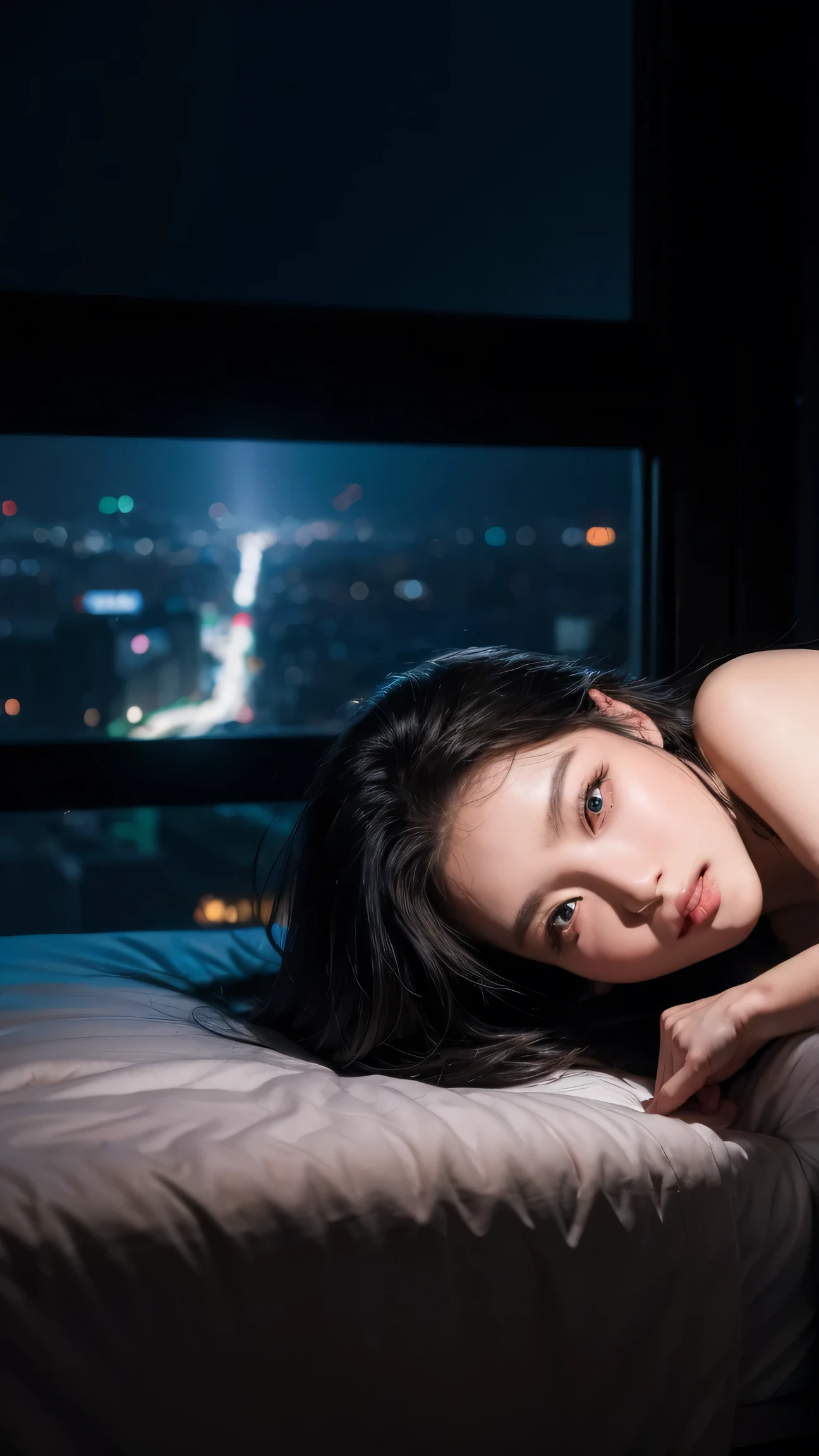 ((High quality, 8k, perfect quality, realistic)), beautiful, perfect face, gazing out the window, nighttime, ((dark room)), Before sleeping, restless, short nightgown, staring at the window, city night view, hair color black and cyan, night city