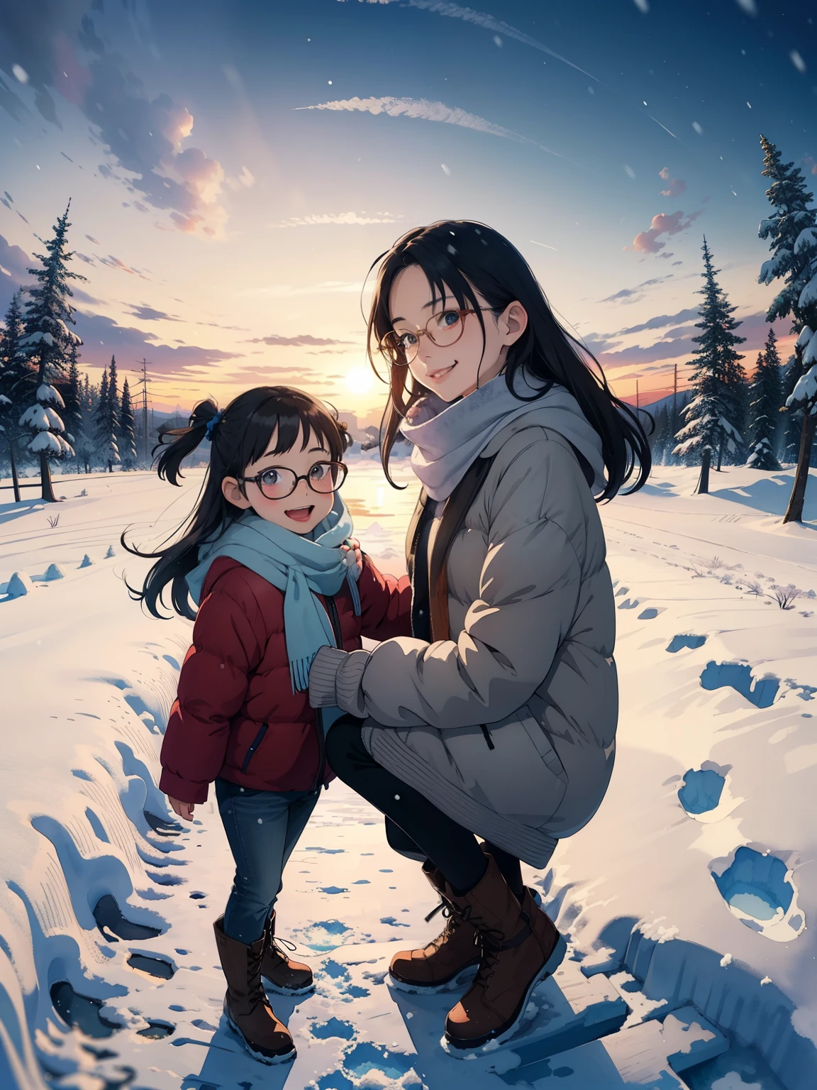   Masterpiece ，   best quality，  high image quality ，(   super flat   ,     flat shading   )，   fisheye lens  ，Beautiful petite trained young mother and very cute trained daughter:1.25， warm scarf，(naked)， long hair, Glasses，   boots, smile, smile, White Breath，fun, play, winter, snow, 新snow，dusk， Beautiful Sunsets   ，Wide angle,    bright color , watercolor,  Ghibli style，Strong winds，   girl&#39;Lure，