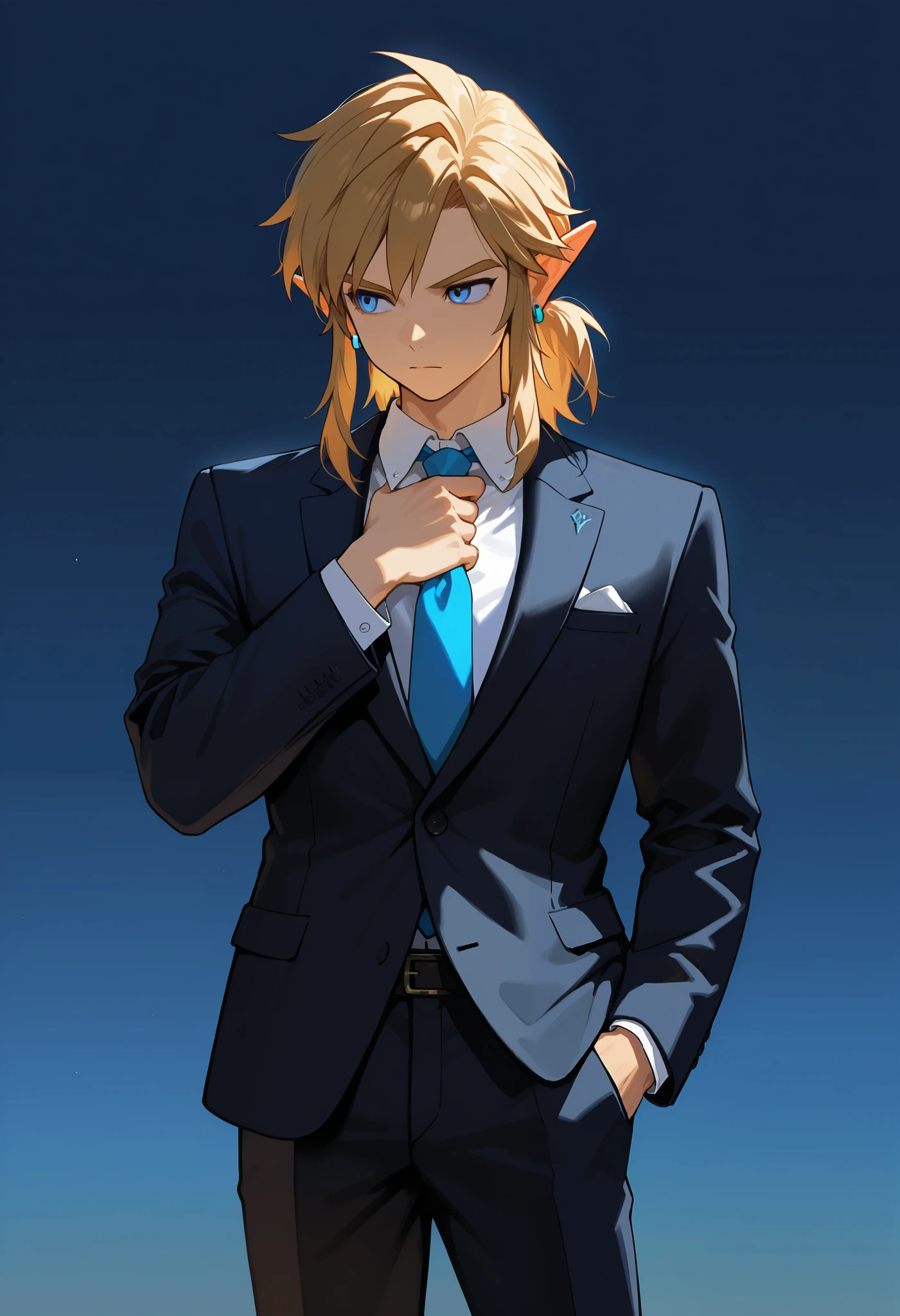 (masterpiece, best quality, high quality, highres, ultra-detailed, 1boy, botw, link, medium hair, blond hair, blue eyes, blue earrings, black suit, hand on necktie, hand in pocket, serious expression, looking away, night time, simple background