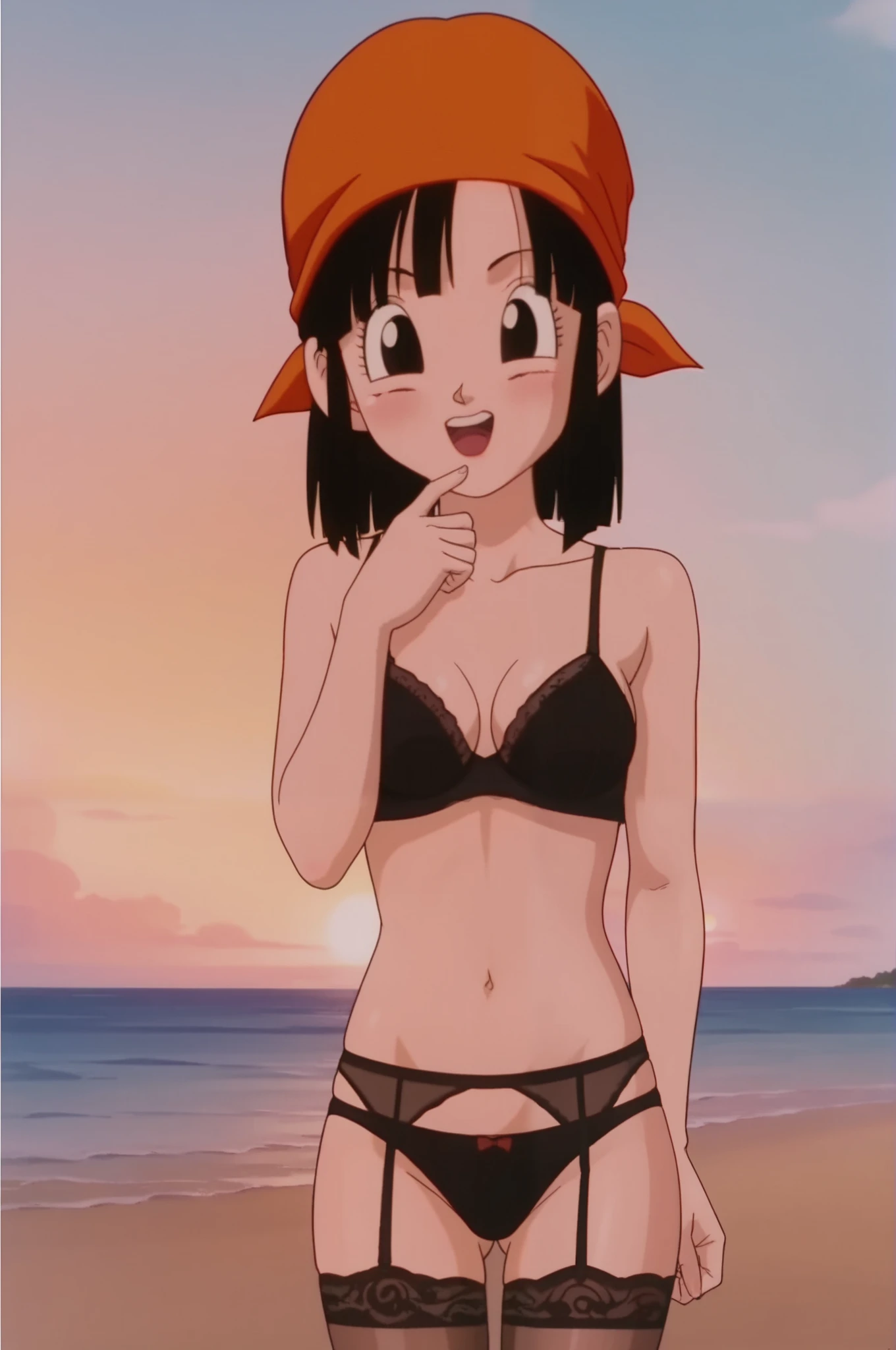 source_anime, score_9, score_8_up, score_7_up, anime screencap,
pangt, 1girl, bangs, blushing, sexy face, grass, black hair, sunset, Watching the sunset, beach in open sea sunset, sun, collarbone, whole body, teeth, blunt bangs, outdoors, black eyes, eyelashes, upper teeth only, retro artstyle, , 1990s \(style\), orange headwear, underwear, lengerie, lingerie, mesh stockings, transparent tights, melancholic, thoughtful, hand on the chin, medium ass, breasts, sexy