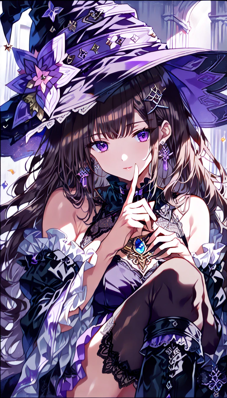  score_9_up, score_8_up, score_7_up,hsr_DH, 1 girl ,Alone,Purple Eyes, long hair, brown hair, sitting, Witch Hat ,crossed legs, purple dress, black pantyhose that hold the right side of the chest,chair,Bare shoulders,very  long hair, purple headdress, hair clip, black boots,frills
break つやのある瞳,  beautiful eyes,  enchantment,  Erotic ,  Shiny Skin Thighs ,  sexy, break (masterpiece:1.2),  best quality,  high definition ,  Unity 8K Wallpaper, (figure:0.8), (美しいFine grain:1.6),  highly detailed face ,  Complete,  Highly Detailed CG, (Perfect hands,  perfect anatomy ) break ((masterpiece, best quality)),  super detailed, Shine, Shine光,  ray tracing, ( perfect face, Detailed face, Fine grain, Perfect hands,  perfect finger:1.5), HD, Super cute face,  best quality,  super detailed, break Shine目, break ( best qualityの写実的なイラスト), ( Super Fine), ( cute illustration:1.3), ( high chroma:1.3), break 詳細な美しい顔と目,  dynamic lighting , ( very delicate and beautiful), break (Nice hands), (Perfect hands:1.4),  Very detailed illustrations,  super cute and beautiful,  best quality,  slender ,  dynamic pose :1.3, Dynamic Angle 、