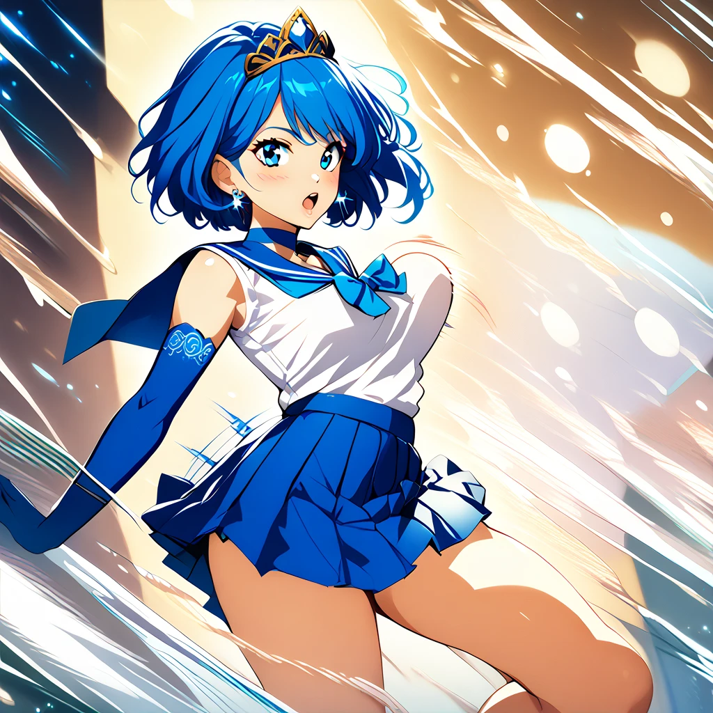 (best quality),(high resolution),nsfw,perky breasts,bouncing breasts,motion lines,aamercury, short hair, blue hair, tiara, earrings, blue eyes, blue choker, blue sailor collar, blue bowtie, white shirt, elbow gloves, white gloves, pleated skirt, blue skirt, bare legs