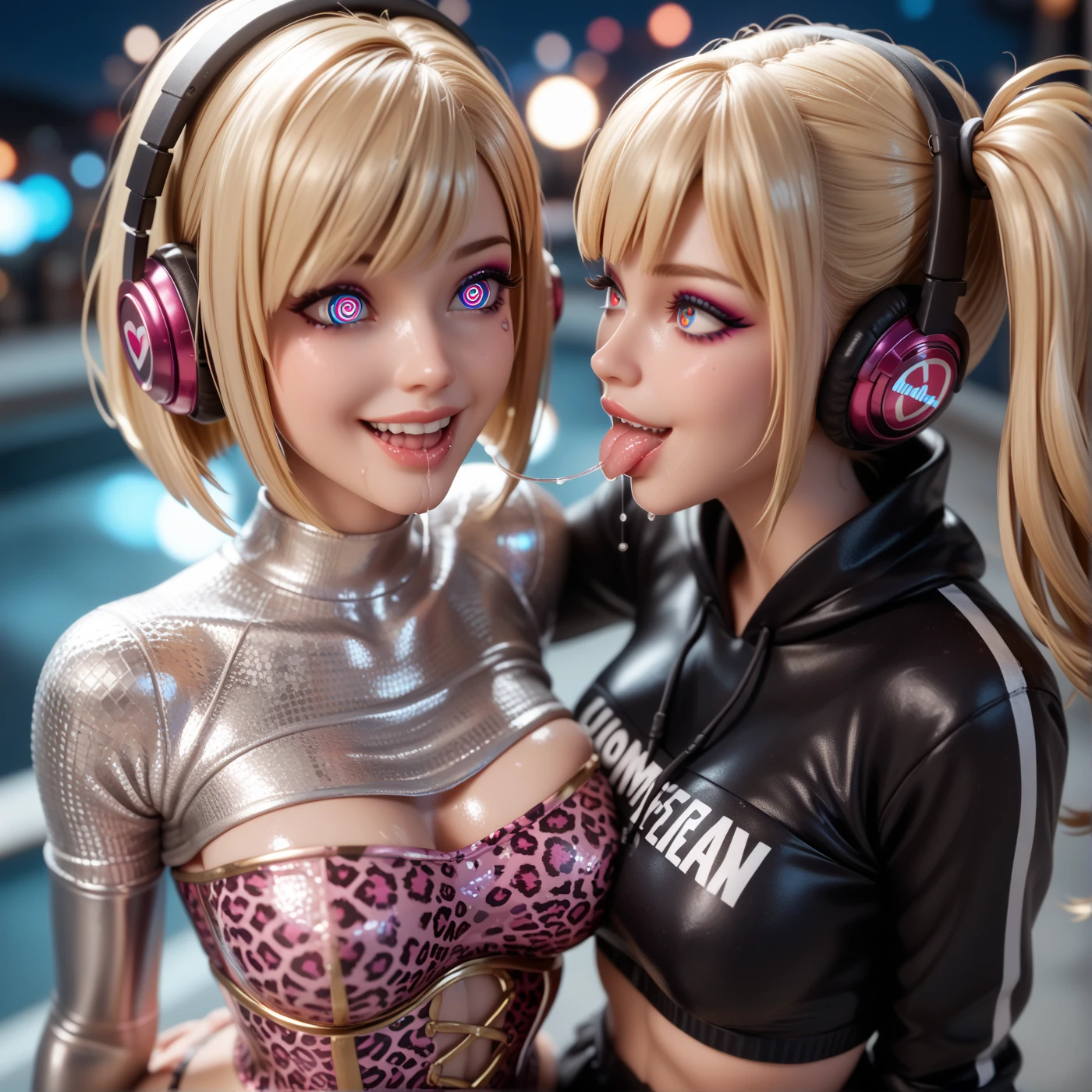 Mother and young daughter with bob cut in extremely tight shiny pink metallic sweatshirt with leopard print corset, high resolution ,  masterpiece,  side ponytail,  blonde hair, Breasts, saliva, salivafluss, Spiral eyes, salivaspur, Lens reflection, Reflected light, Strong Makeup, Go for a walk together at night, smile, very strong shiny skin,from above, headphones, kiss