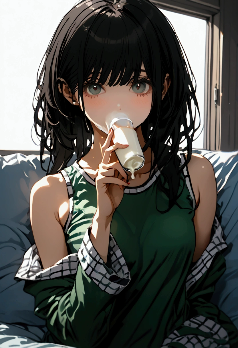 Sexy hot girl sucking dick pose, White milk in mouth, Green lose shoulder half top,pajamas lose.