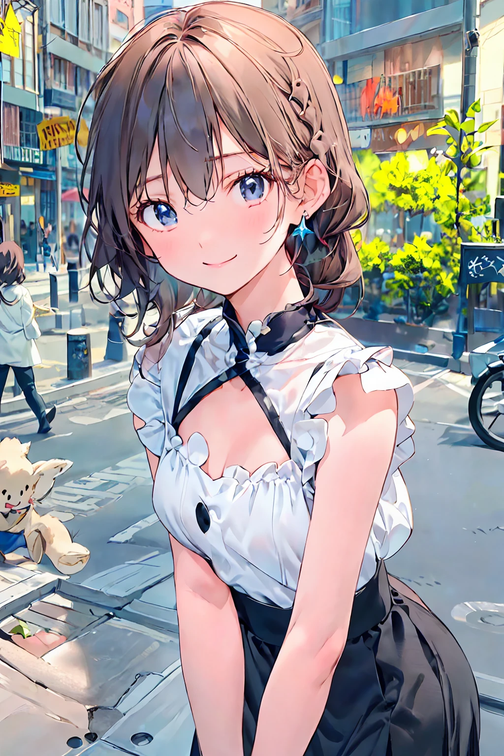  for lightss,  for lights  ，            Beautiful Face Details，cute，        dark brown eyes，(背の低いcute女の子，Young student，Young and delicate girl）,（              Masterpiece       ，  for lightss,  for lights  )，        black hair， Checkered black skirt，      sleeveless､     brown hair，         shortcuts ，       messy hair        ，                Short Braided Hair                ，Neat，        slender beauty ，Dignified posture，        small breasts ，            Her charming gray-blue eyes sparkle like stars，        bright color ,                beautiful eyes        ,A delicate smile,textured skin,        best quality、The best   ,            A parody of a gentle and beautiful woman  のパロディ        ,       anime style  ､ brown hair，  shortcuts，  tousled hair，  Short Braided Hair  ，Neat， Slender and beautiful，Correct posture， small breasts，  beautiful legs， Their enchanting gray-blue eyes shine like stars，Droopy eyes，  bright color,   beautiful eyes ,A delicate smile,textured skin,The best品質を最高に,   A parody of a gentle and beautiful woman  ,  anime style､