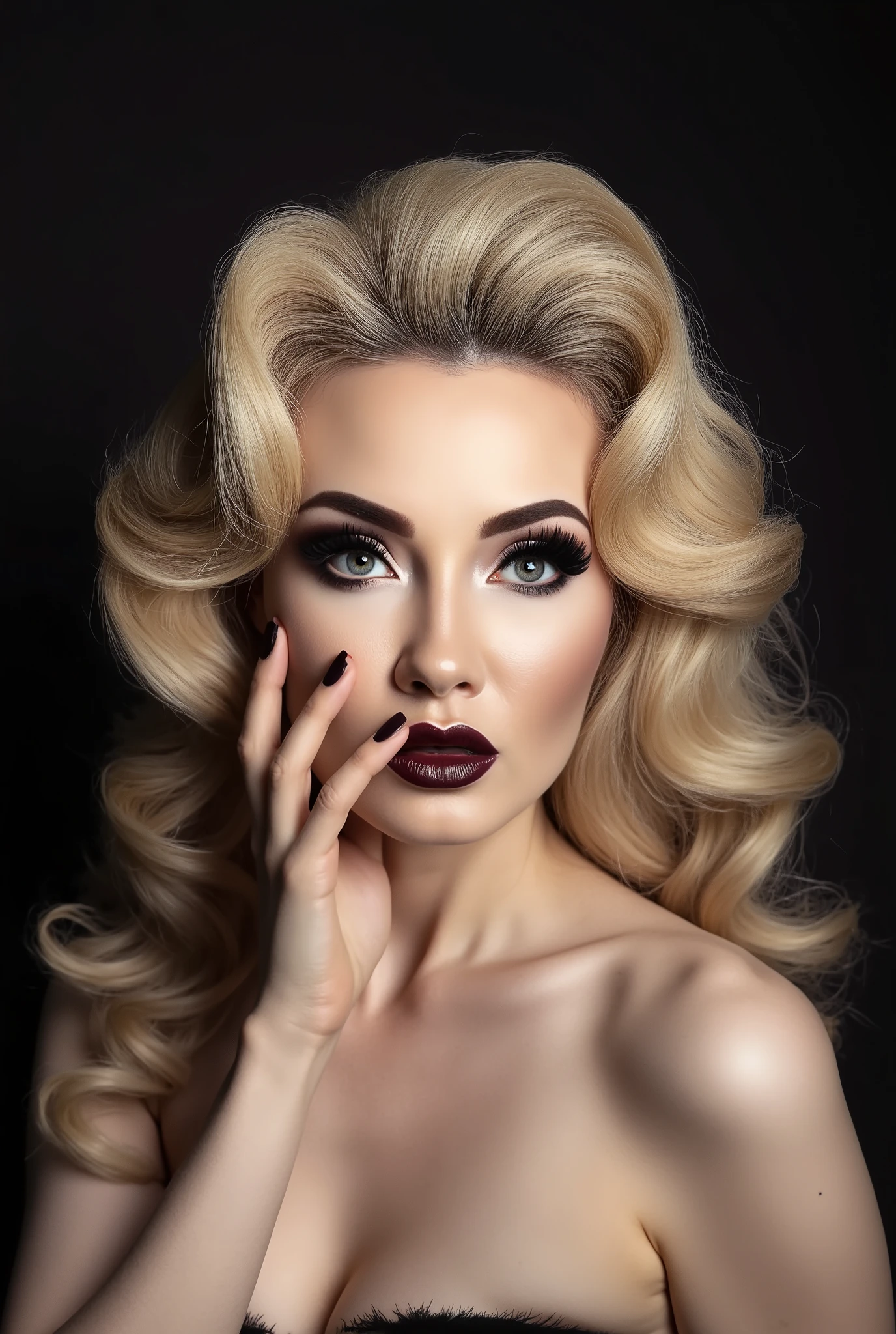 The image is a high-resolution photograph featuring k08ur9, a woman with a dramatic, glamorous style. The subject is a woman with a fair complexion and striking features, including prominent cheekbones, a small nose, and full, dark eyebrows. Her hair is styled in voluminous, wavy curls that cascade over her shoulders, with a slightly tousled texture. She has large, expressive eyes with heavy, dramatic eyeliner and mascara, giving her a sultry, smoldering gaze. Her lips are painted in a bold, dark lipstick, adding to the dramatic effect.

She is touching her face with her hands, one hand gently cupping her cheek and the other hand resting near her mouth, with fingers slightly parted, revealing her neatly manicured nails painted in a dark color that matches her lipstick. Her attire is not fully visible but appears to be a strapless top or dress, as indicated by the slight glimpse of her shoulders.

The background is a solid, dark color, which contrasts sharply with her light skin and hair, drawing attention to her features.