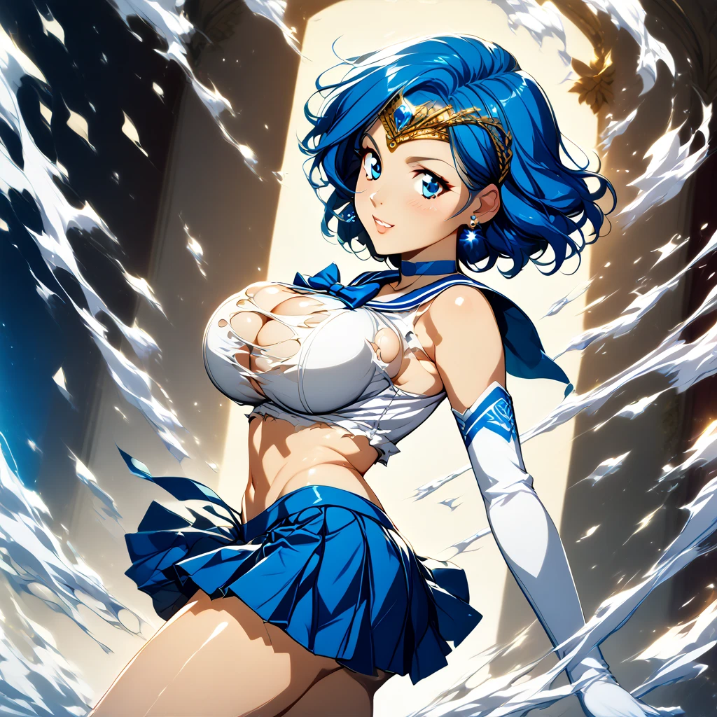 (best quality),(high resolution),nsfw,aamercury, short hair, blue hair, tiara, earrings, blue eyes, blue choker, blue sailor collar, blue bowtie, white shirt, elbow gloves, white gloves, pleated skirt, blue skirt, bare legs,round breasts, breasts together, cleavage,titburst,bursting breasts,torn clothes