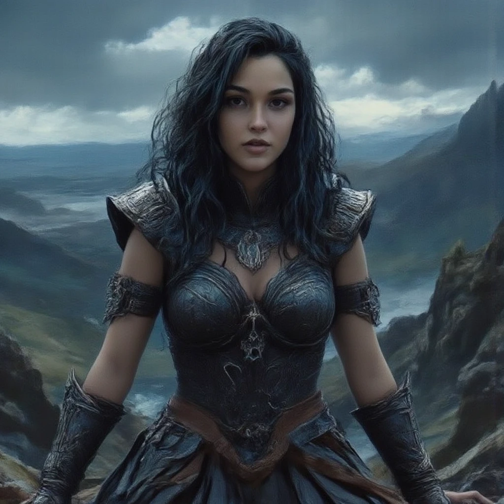 a beautiful female warrior, fullbody, em pé olhando de cima de uma colina, highly detailed portrait,realistic,photorealistic, 8k, HDR, hyper detailed face,striking gaze, flowing hair, ornate armor, intricate detailing, dramatic lighting, moody colors, cinematic composition, fantasy, concept art style